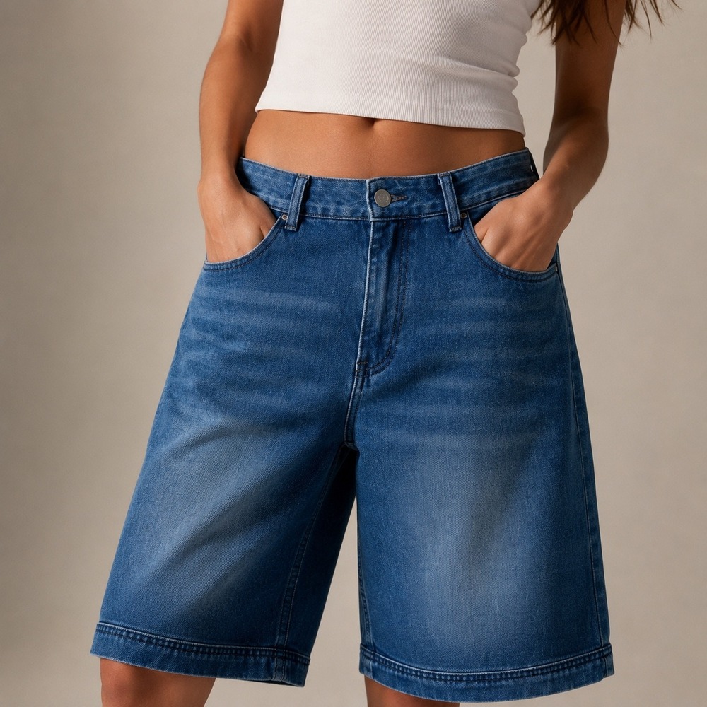 NVFelix Dark Blue Denim Bermuda Shorts High Waisted Longline Jean Shorts